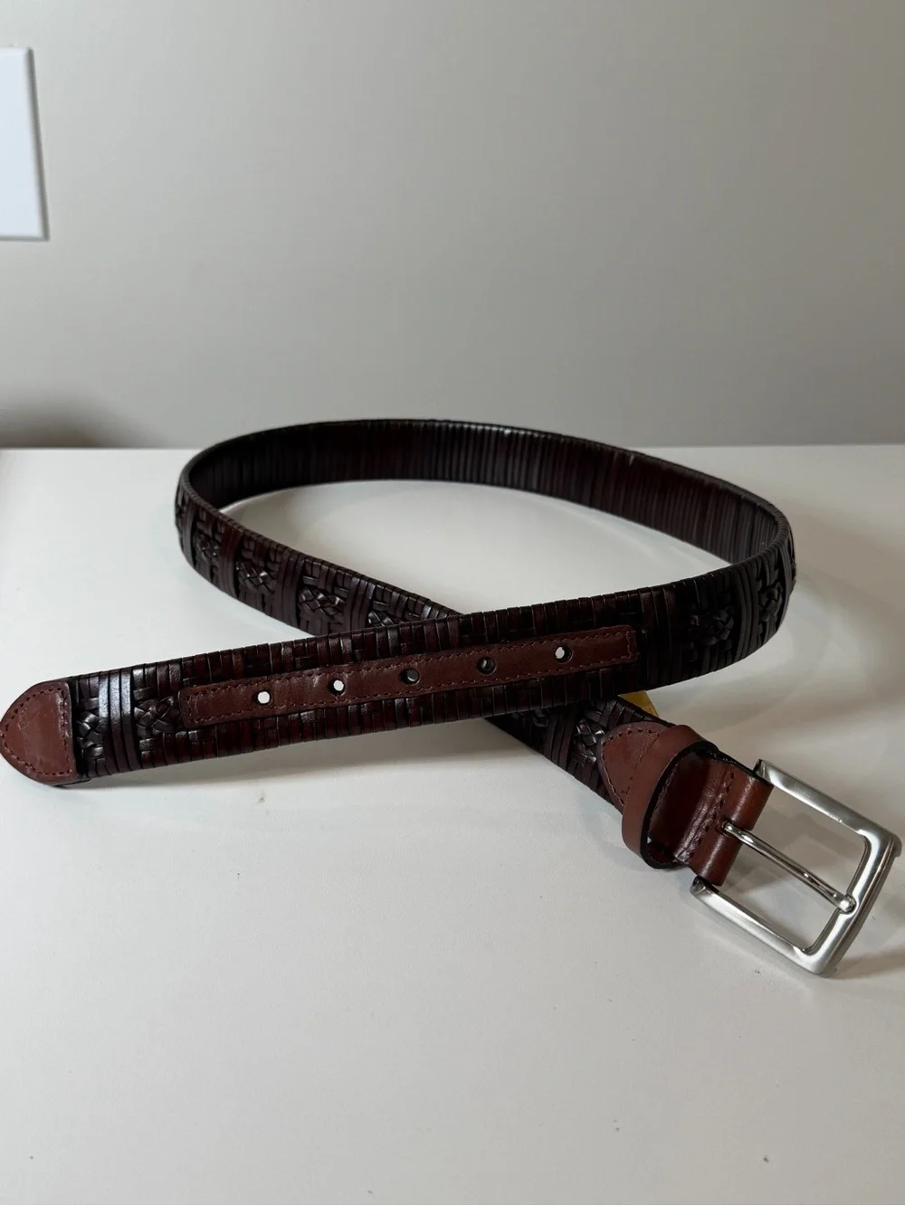 Tommy Bahama Size 38 Dark Brown Woven Genuine Leather Belt with Silver Buckle